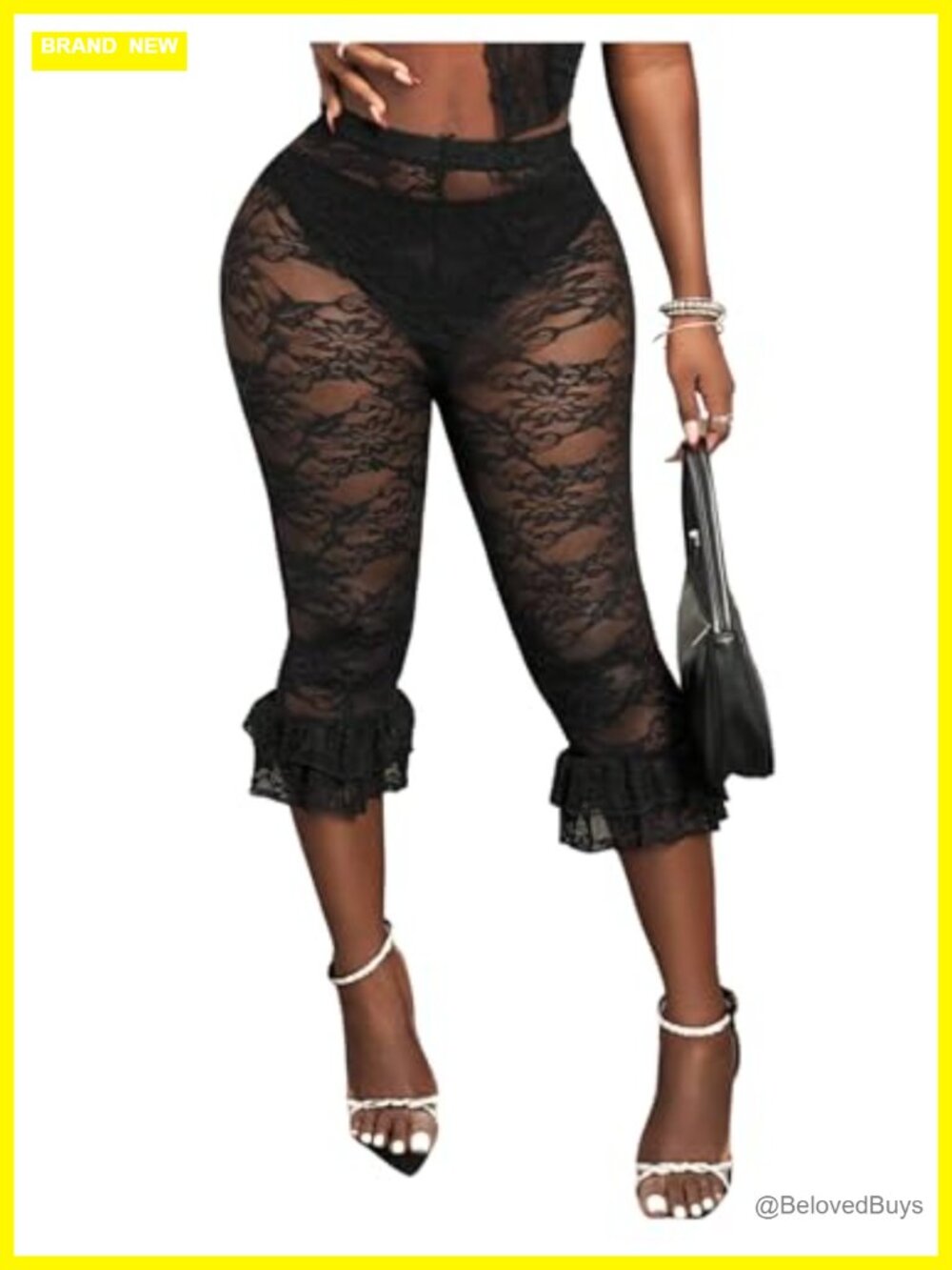 Lace Capri Leggings High Waisted Sheer Mesh Cropped Pants